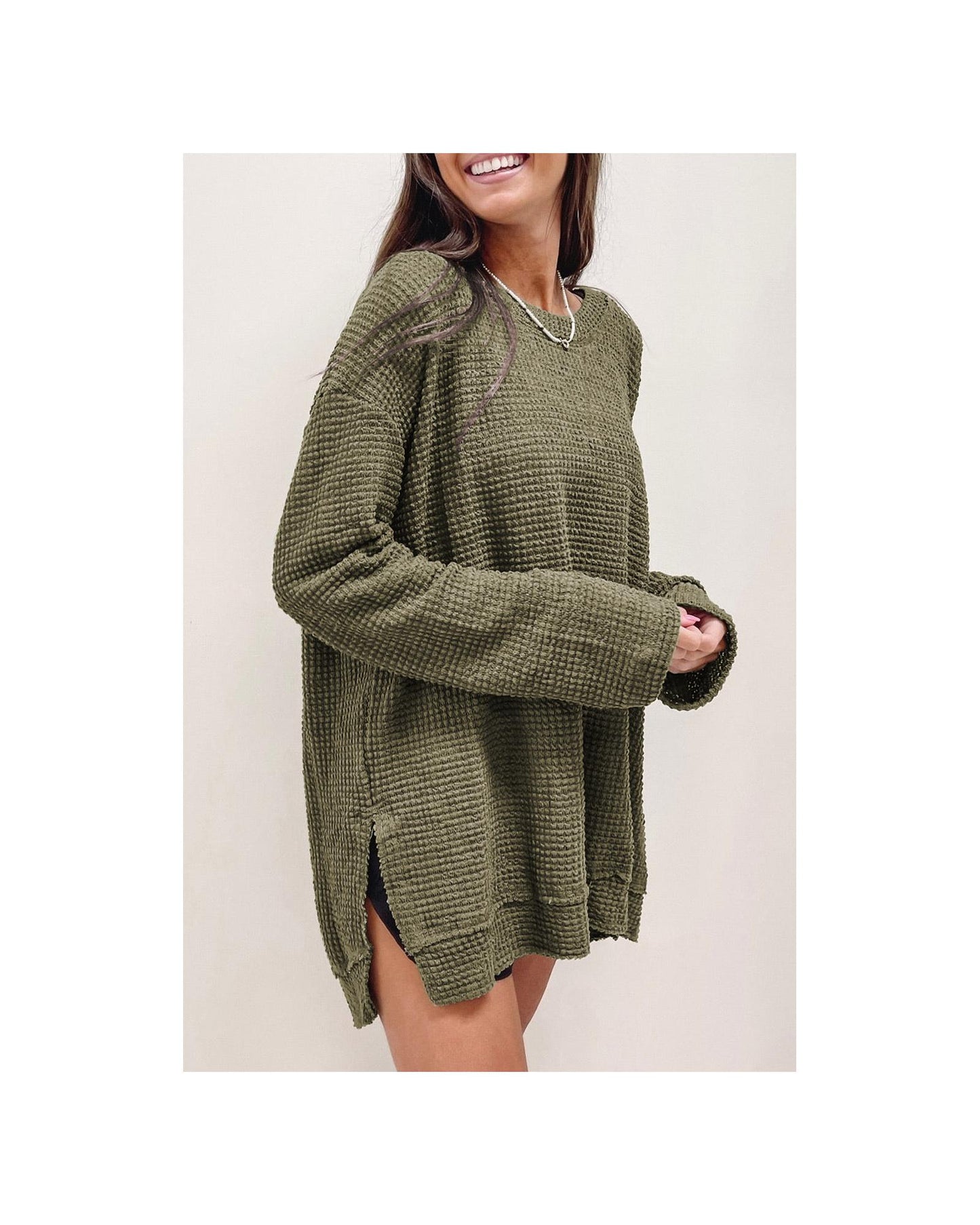 Azura Exchange Oversized Green Waffle Knit High Slits Top - M