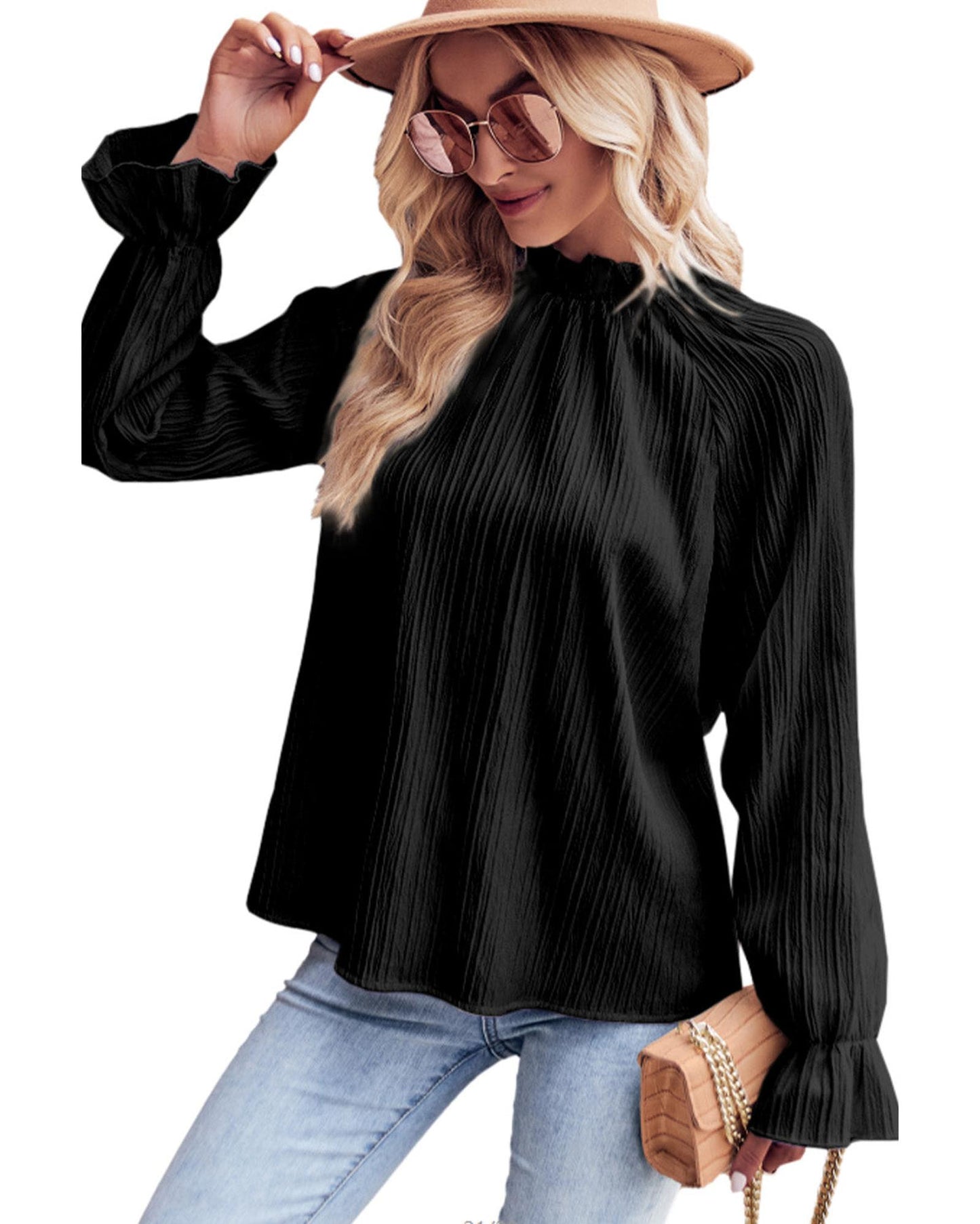 Azura Exchange Frilled Mock Neck Ripple Bubble Sleeve Blouse - L