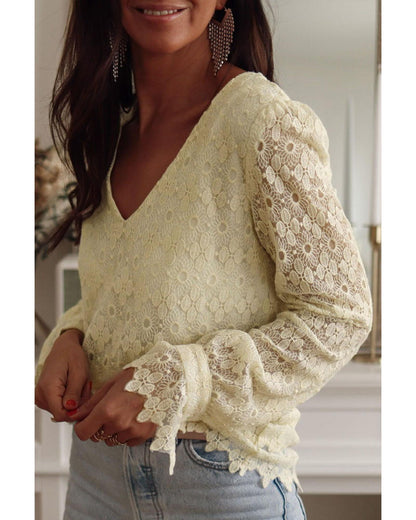 Azura Exchange Floret Lace V Neck Long Sleeve Blouse - XL