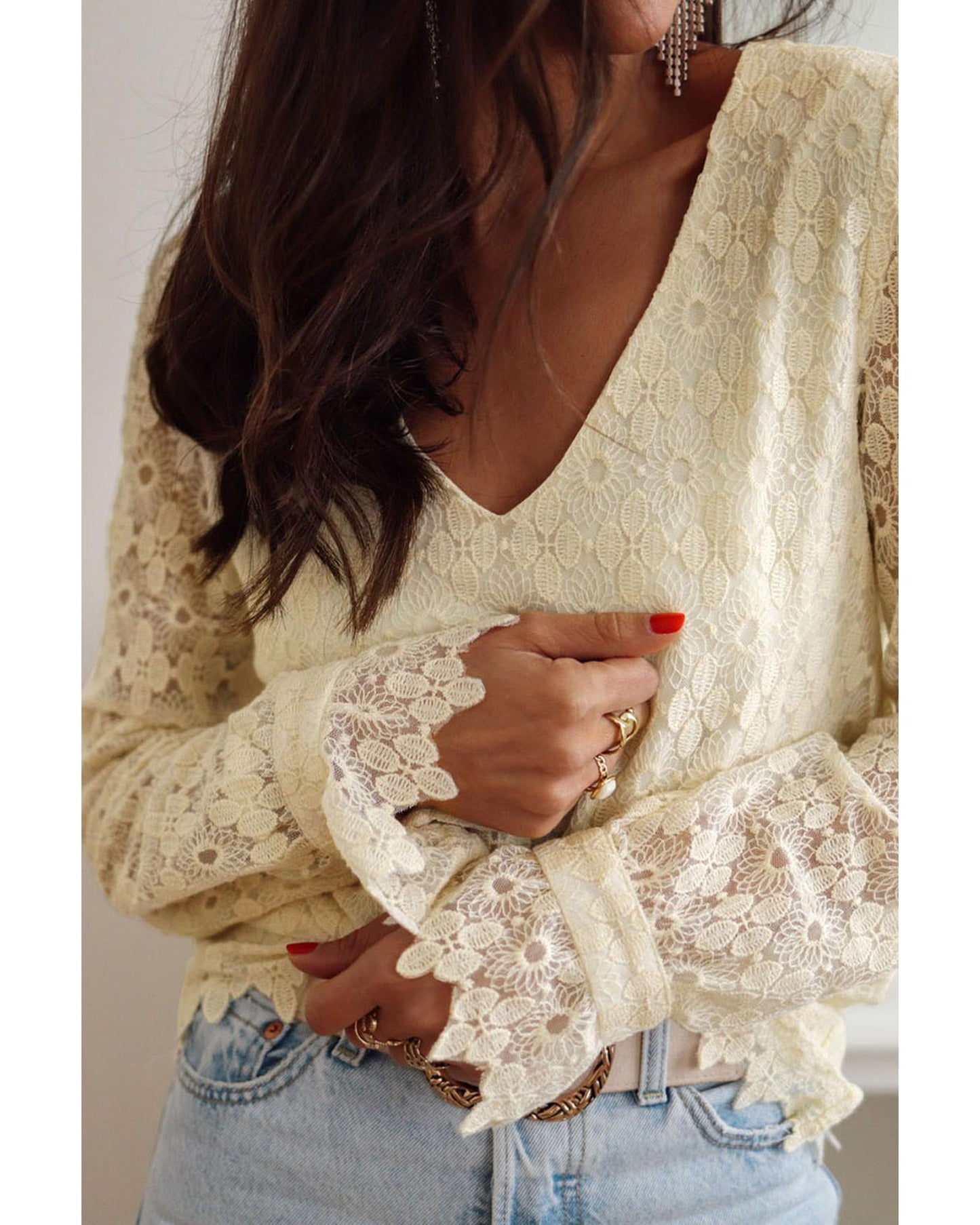 Azura Exchange Floret Lace V Neck Long Sleeve Blouse - XL