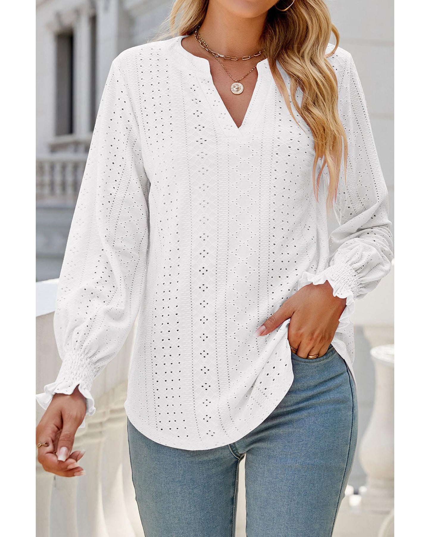 Azura Exchange Split Neck Textured Loose Blouse - M