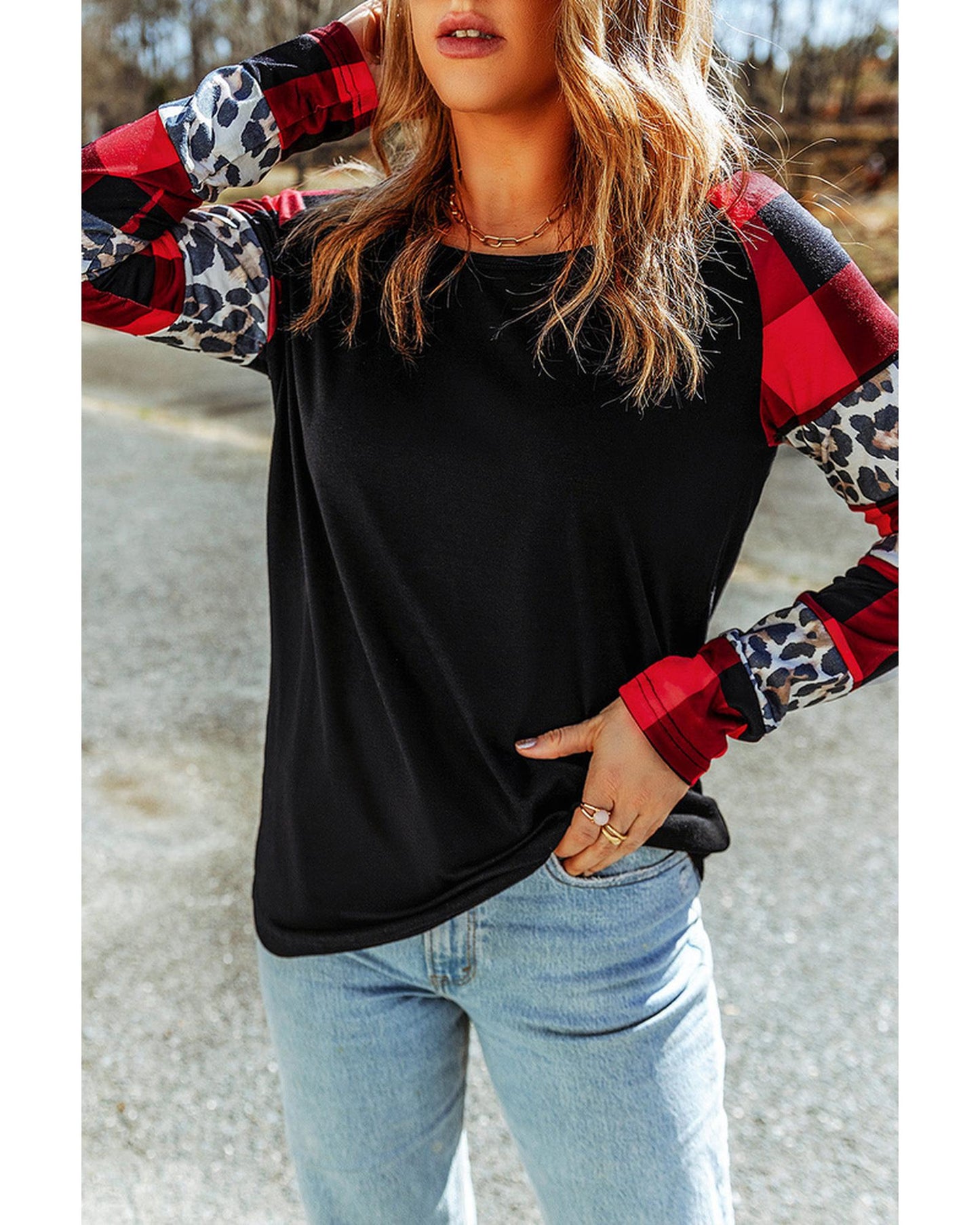 Azura Exchange Plaid & Leopard Print Off Shoulder Top - L