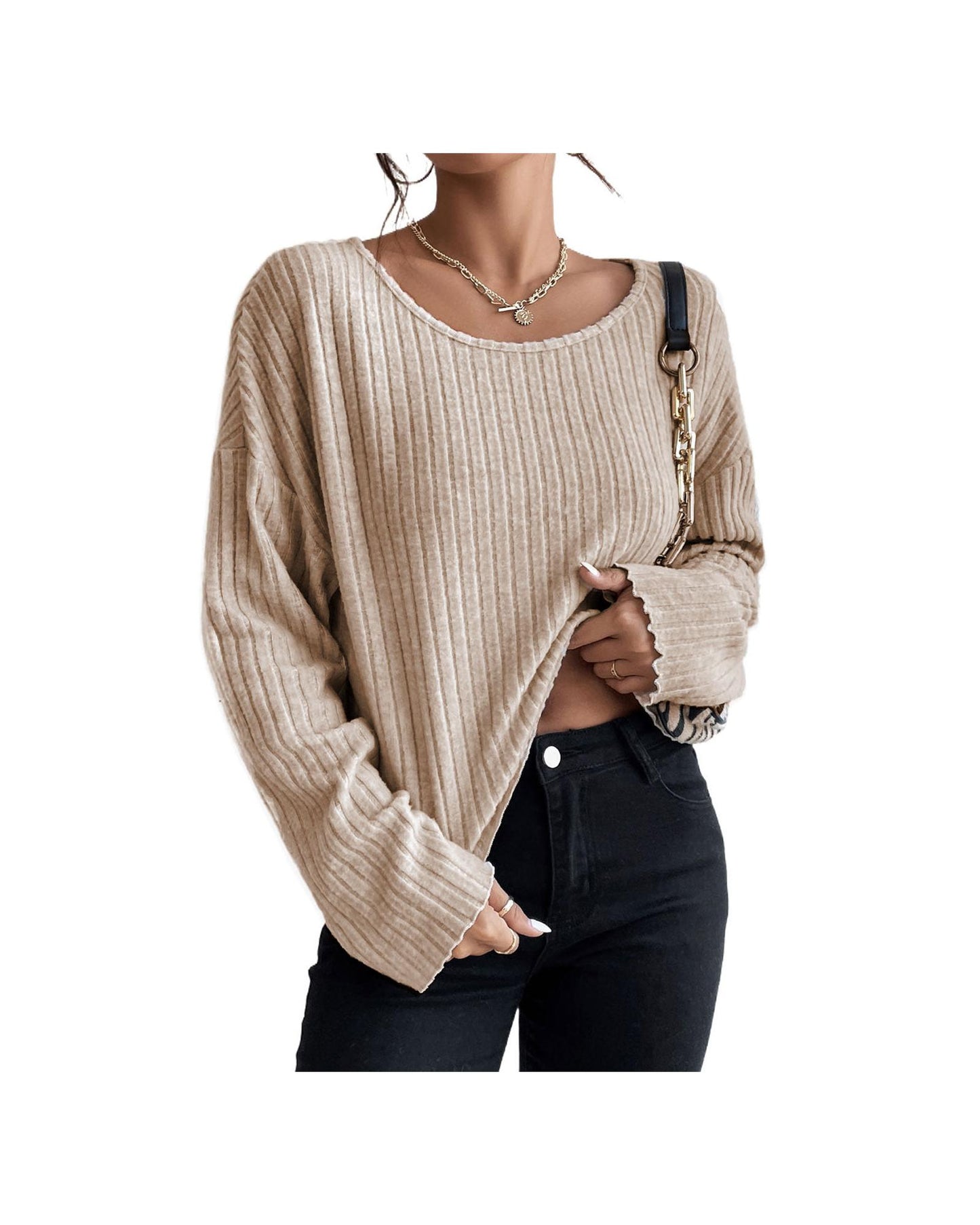 Azura Exchange Beige Drop Shoulder Loose Ribbed Knit Top - L