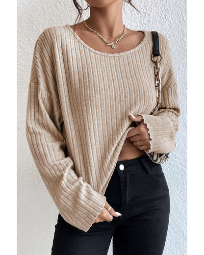 Azura Exchange Beige Drop Shoulder Loose Ribbed Knit Top - S