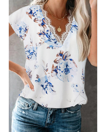 Azura Exchange Scalloped V Neck Short Sleeves Top - L