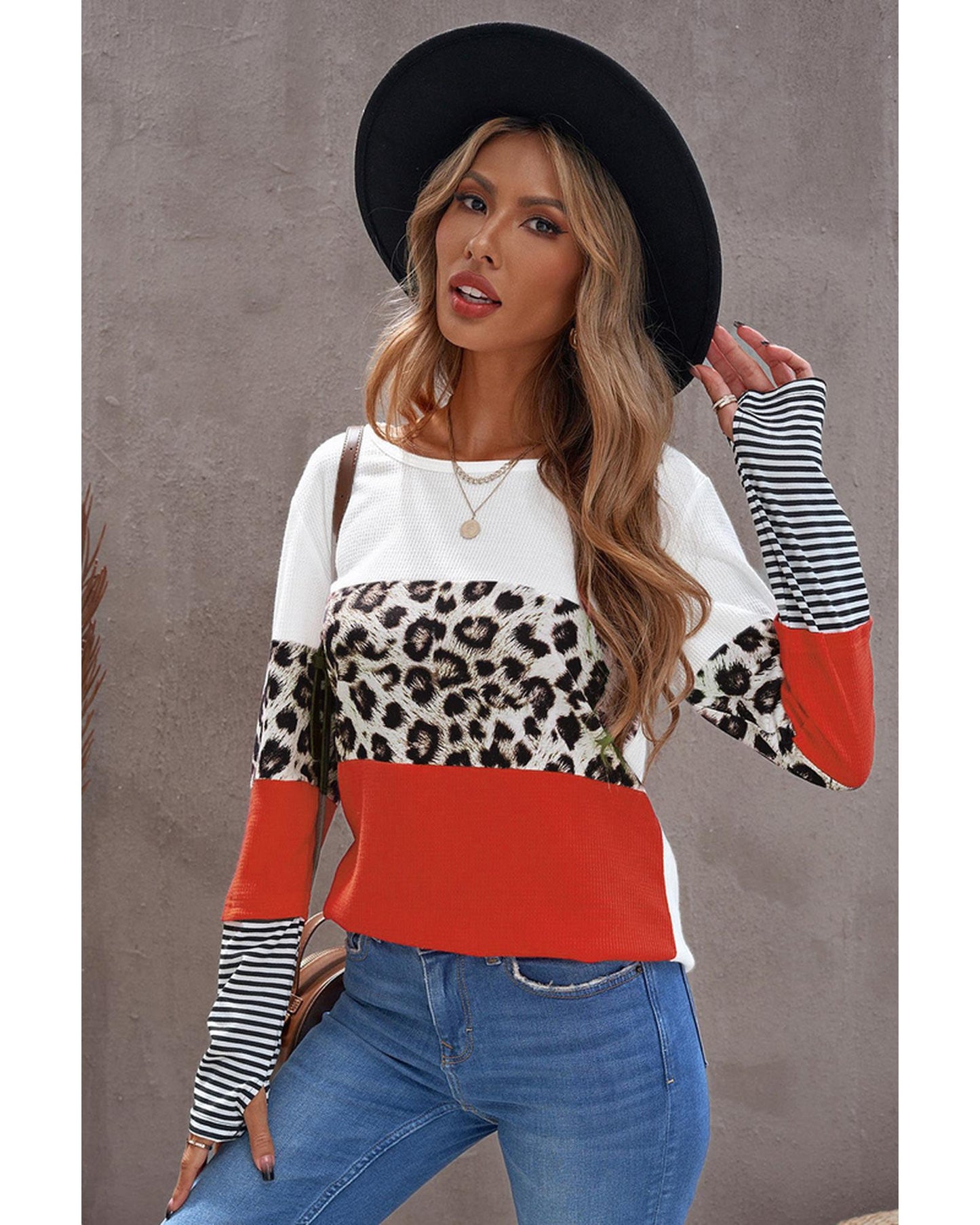 Azura Exchange Leopard Colorblock Long Sleeve Top - M