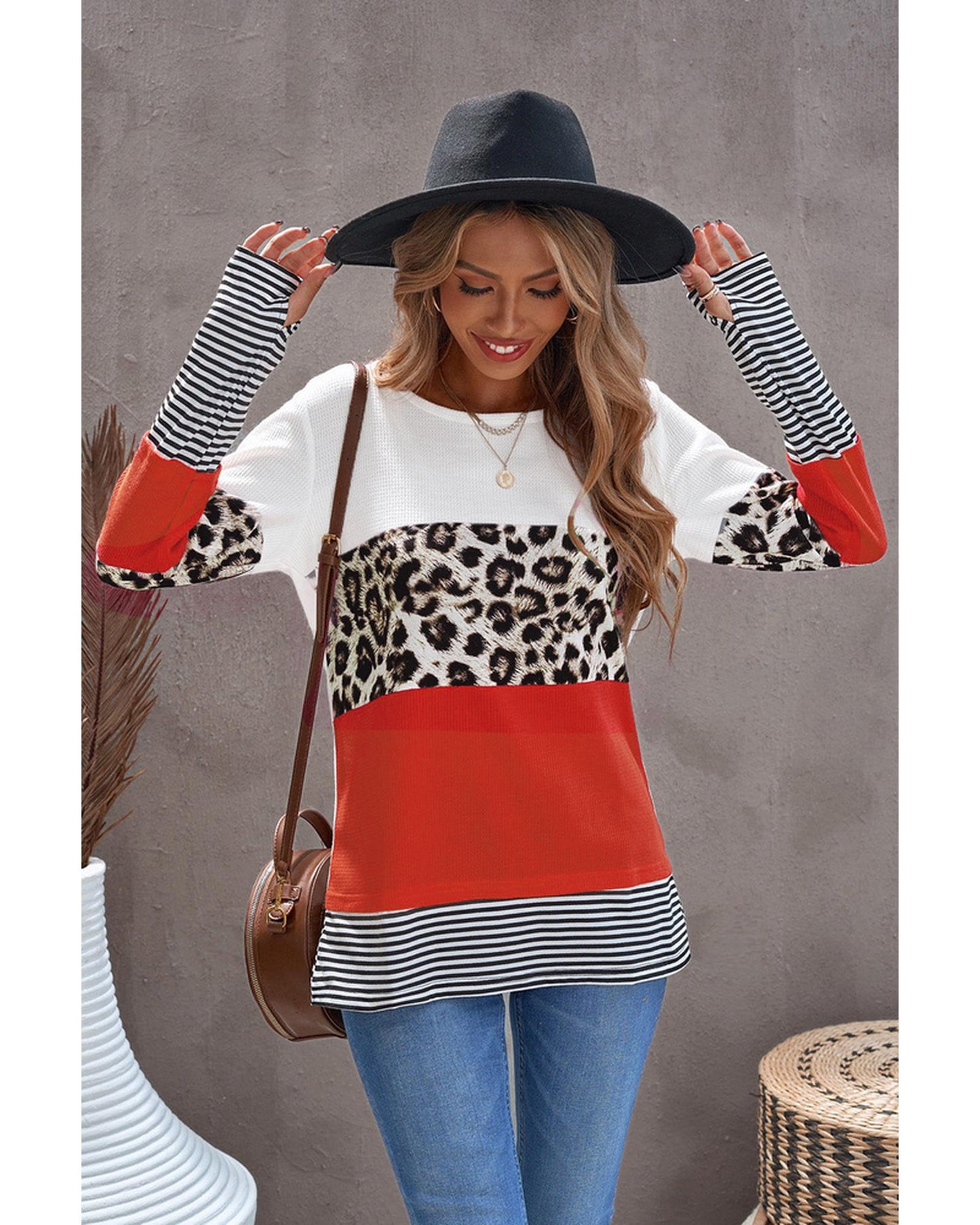 Azura Exchange Leopard Colorblock Long Sleeve Top - S