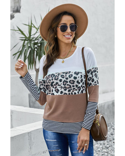 Azura Exchange Leopard Splicing Colorblock Long Sleeve Top - 2XL