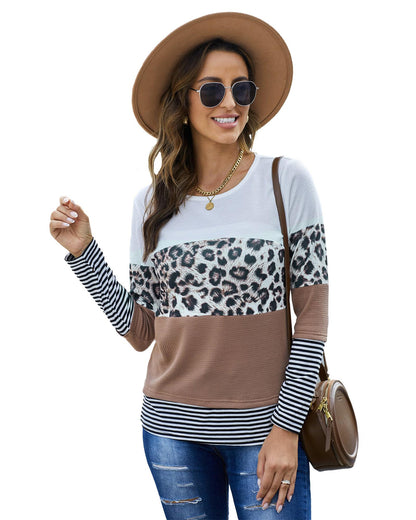 Azura Exchange Leopard Splicing Colorblock Long Sleeve Top - 2XL