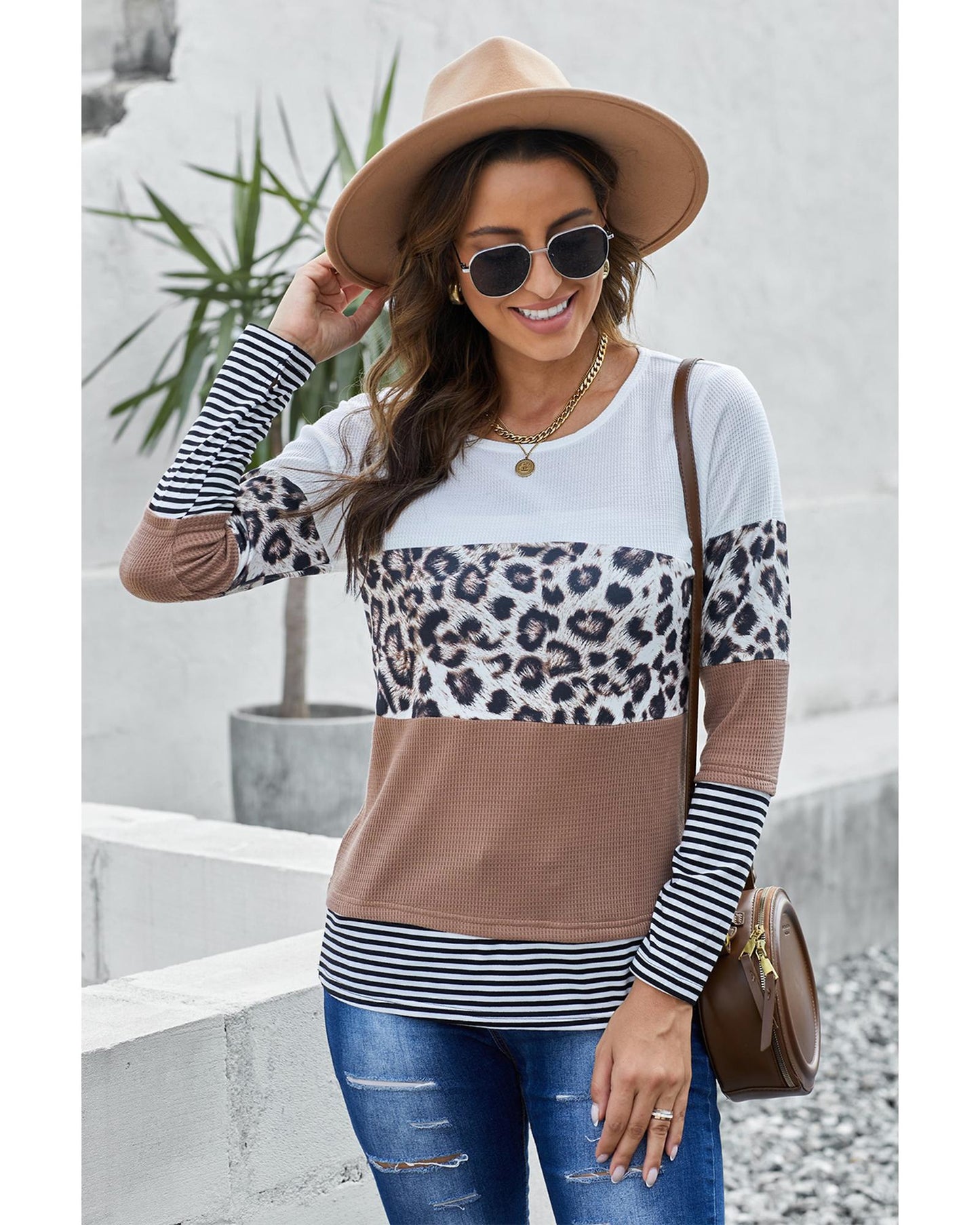 Azura Exchange Leopard Splicing Colorblock Long Sleeve Top - 2XL