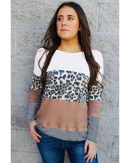 Azura Exchange Leopard Splicing Colorblock Long Sleeve Top - 2XL