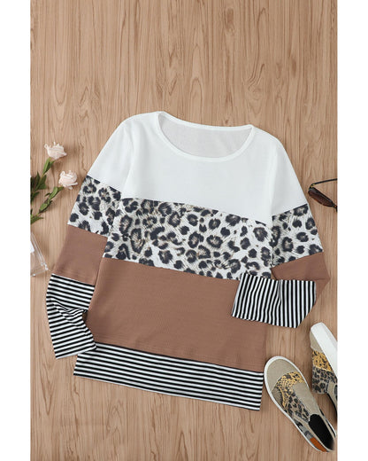 Azura Exchange Leopard Splicing Colorblock Long Sleeve Top - L