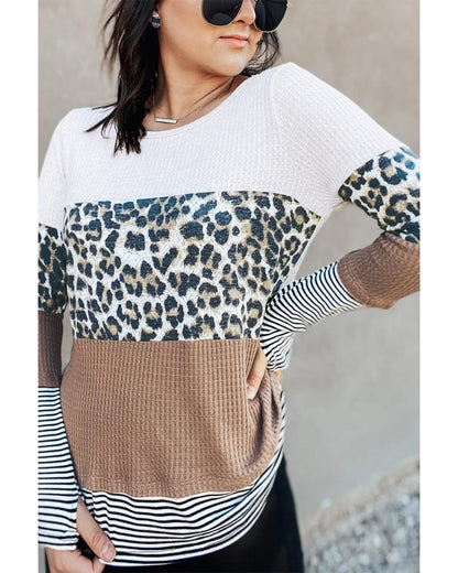 Azura Exchange Leopard Splicing Colorblock Long Sleeve Top - L