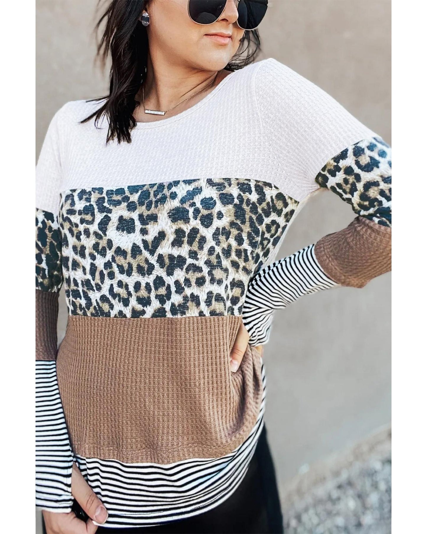 Azura Exchange Leopard Splicing Colorblock Long Sleeve Top - XL