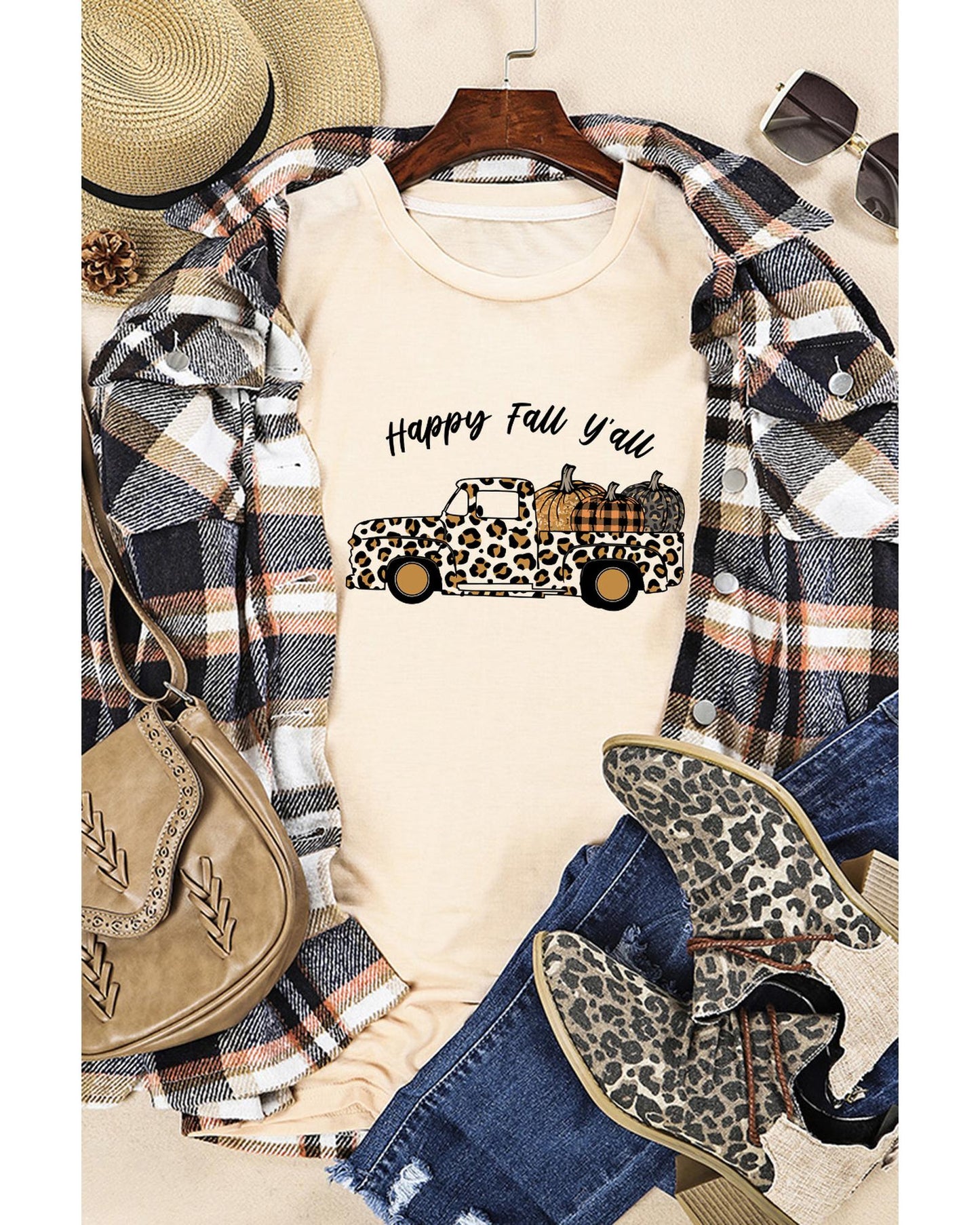 Azura Exchange Leopard Truck Pumpkin Graphic Tee - Khaki - 2XL