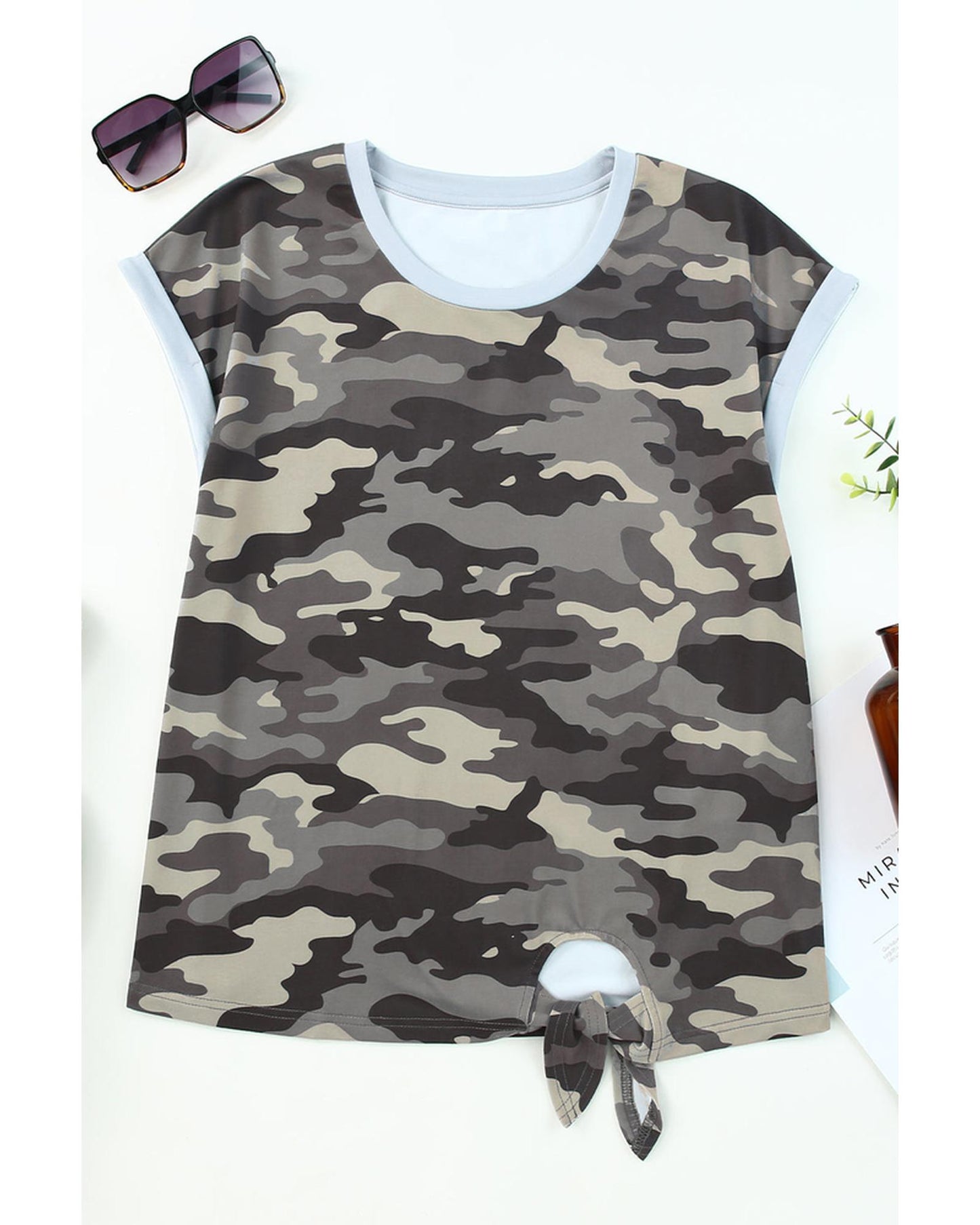 Azura Exchange Camo Print Knotted Hem T-shirt - M