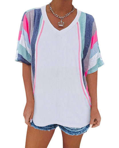 Azura Exchange Patchwork V Neck T-Shirt with Stripe Detail - L