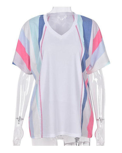 Azura Exchange Patchwork V Neck T-Shirt with Stripe Detail - L