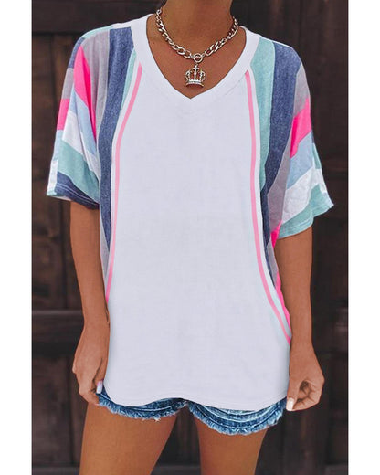 Azura Exchange Patchwork V Neck T-Shirt with Stripe Detail - S