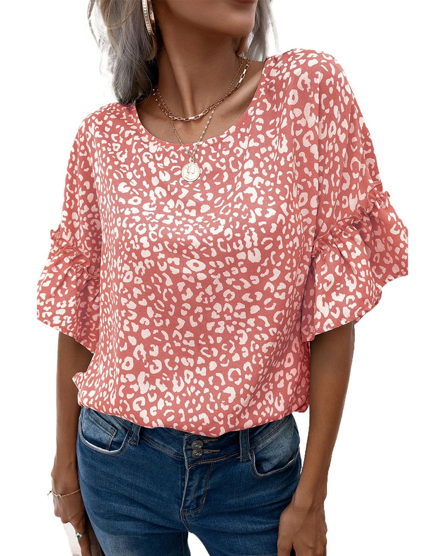 Azura Exchange Leopard Ruffle Sleeve T-Shirt - L