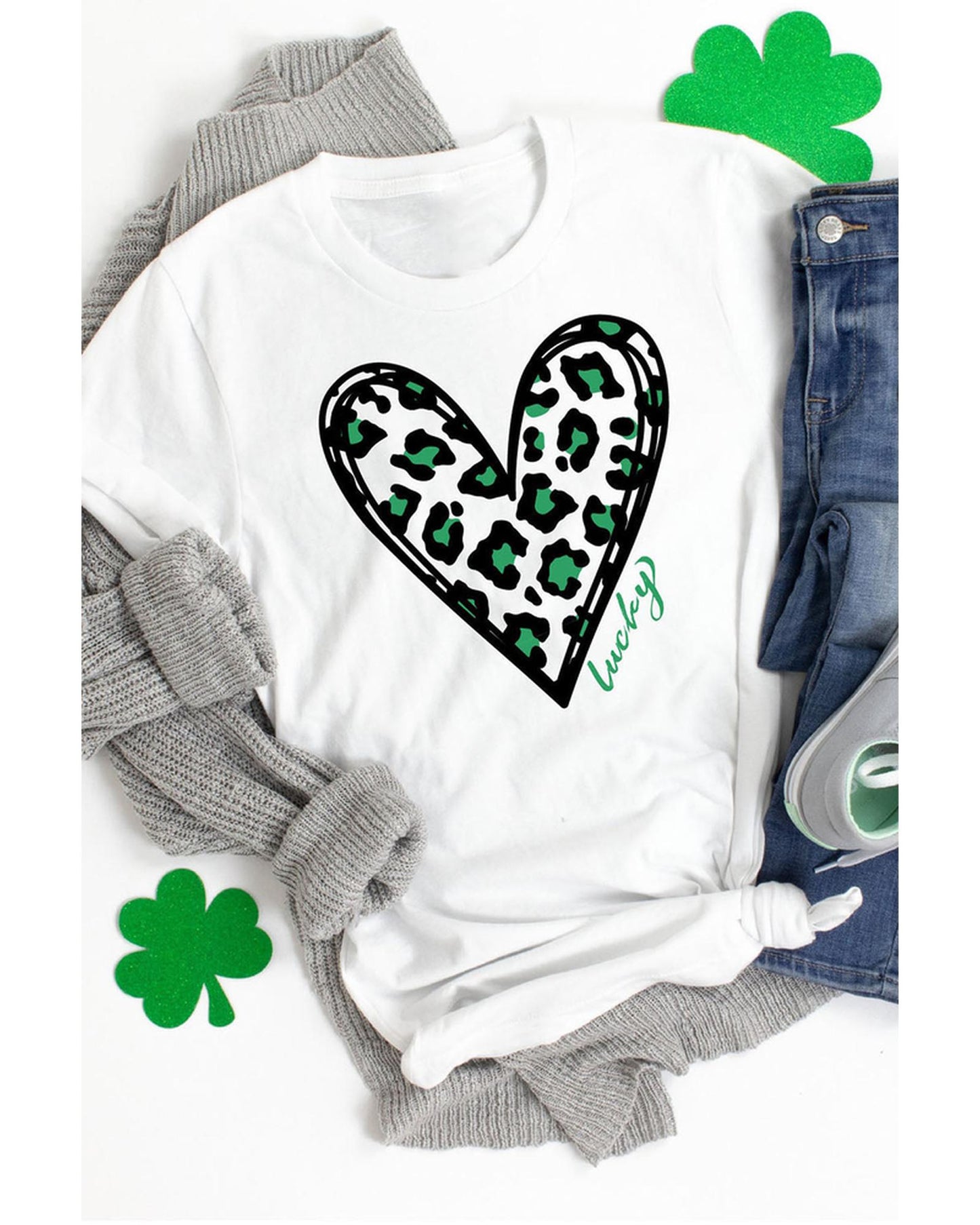 Azura Exchange Leopard Heart Print St Patricks Day T Shirt - L