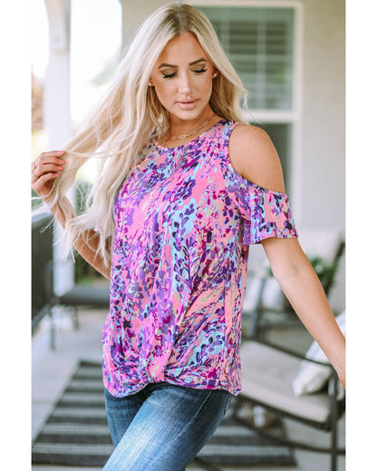 Azura Exchange Lavender Floral Print Cold Shoulder Blouse - L