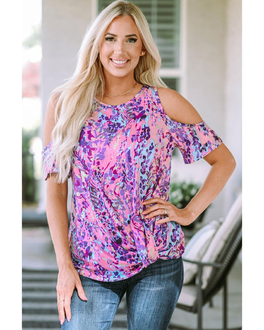 Azura Exchange Lavender Floral Print Cold Shoulder Blouse - M