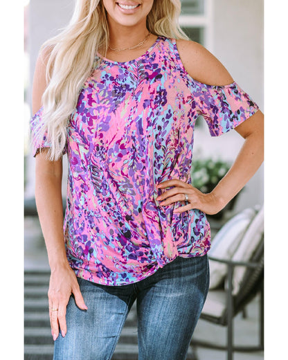 Azura Exchange Lavender Floral Print Cold Shoulder Blouse - M