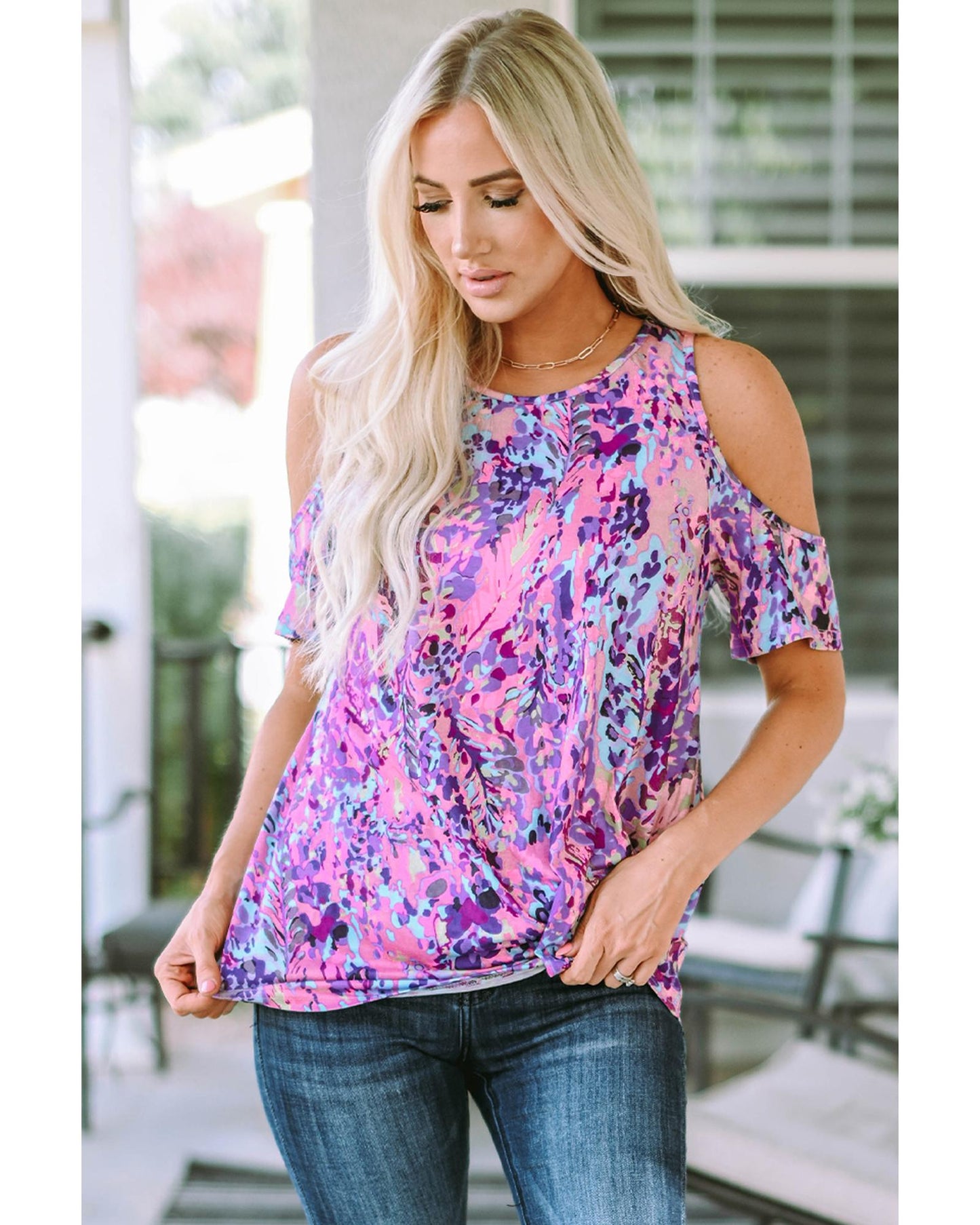 Azura Exchange Lavender Floral Print Cold Shoulder Blouse - S