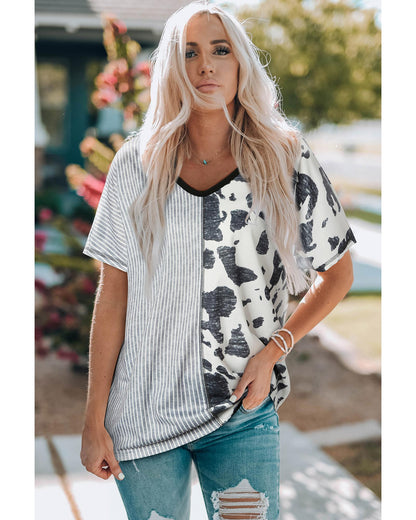 Azura Exchange Contrast V Neck Tee with Stripes & Cow Print - L