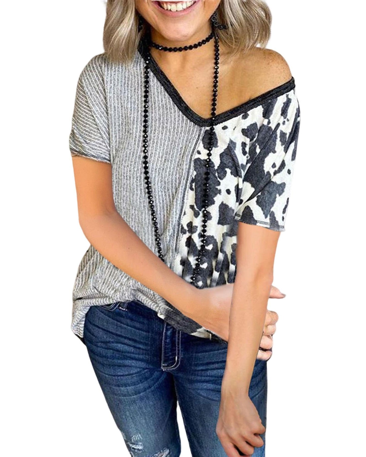 Azura Exchange Contrast V Neck Tee with Stripes & Cow Print - L