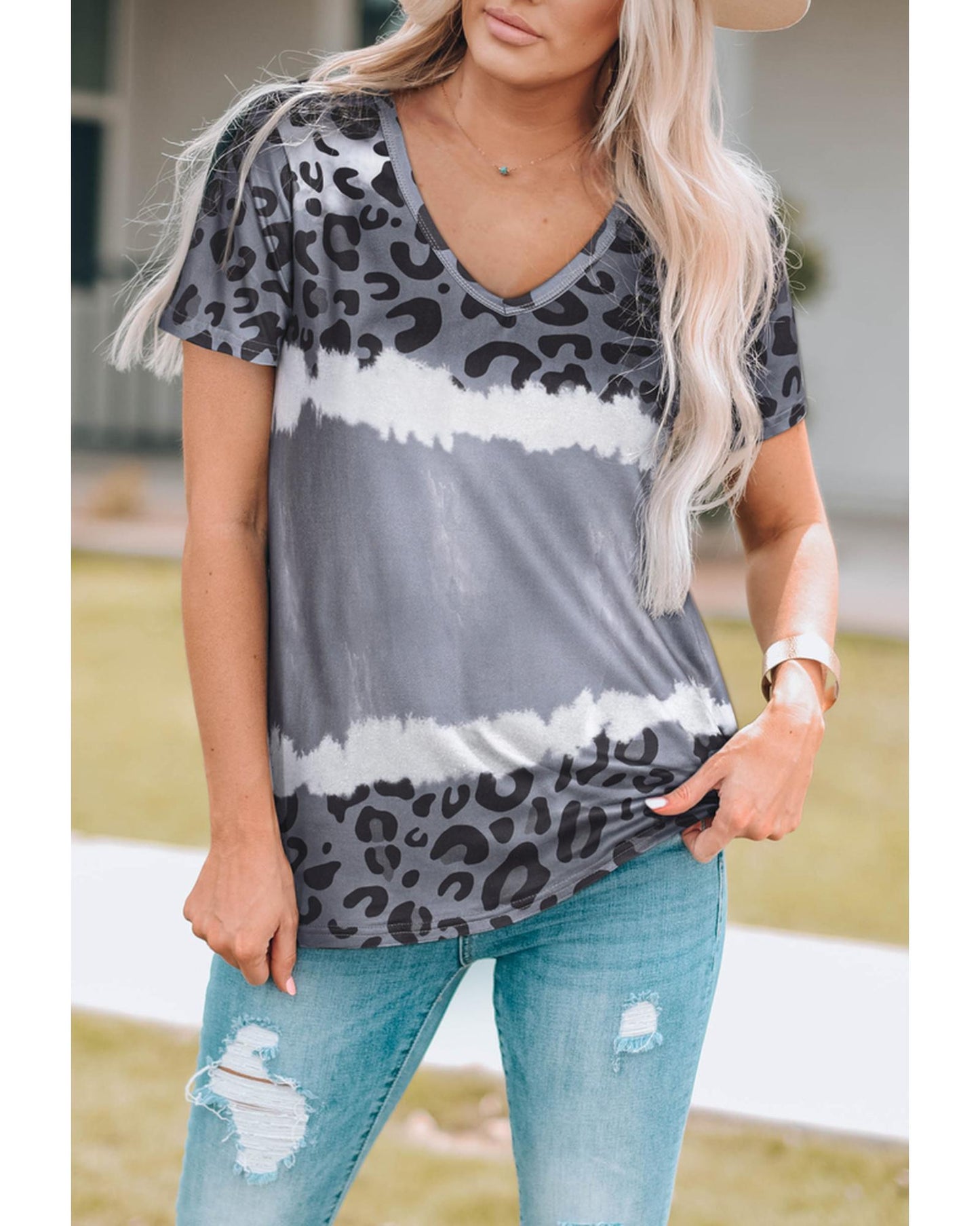 Azura Exchange Leopard Patchwork Short Sleeve Top - M