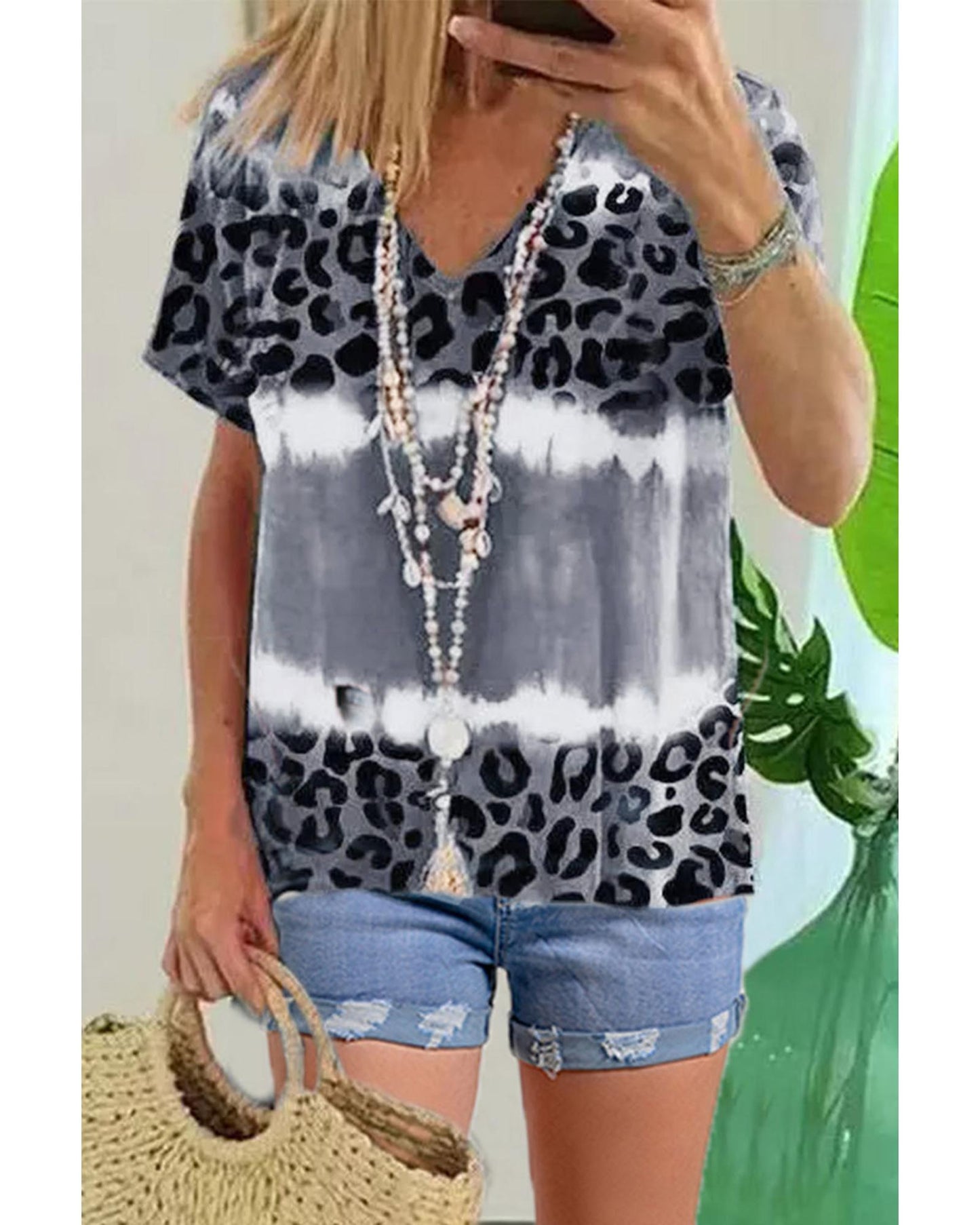 Azura Exchange Leopard Patchwork Short Sleeve Top - S