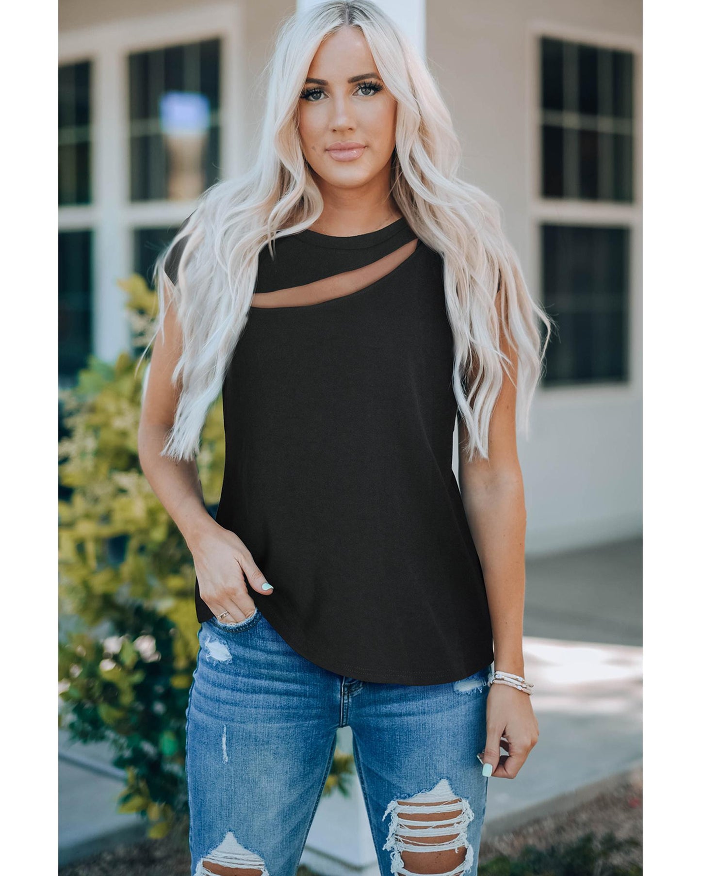 Azura Exchange Slash Cutout Cap Sleeve T Shirt - S