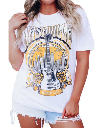 Azura Exchange Nashville Guitar Floral Print T-Shirt - L