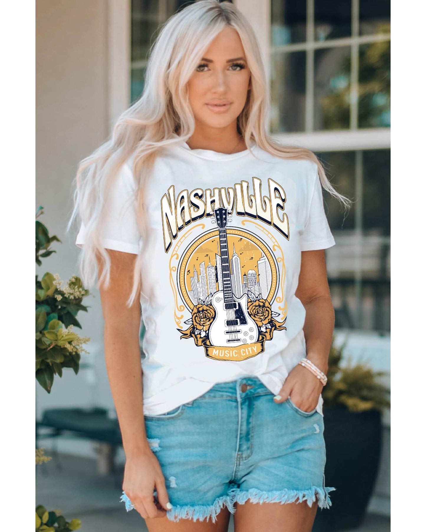 Azura Exchange Nashville Guitar Floral Print T-Shirt - S