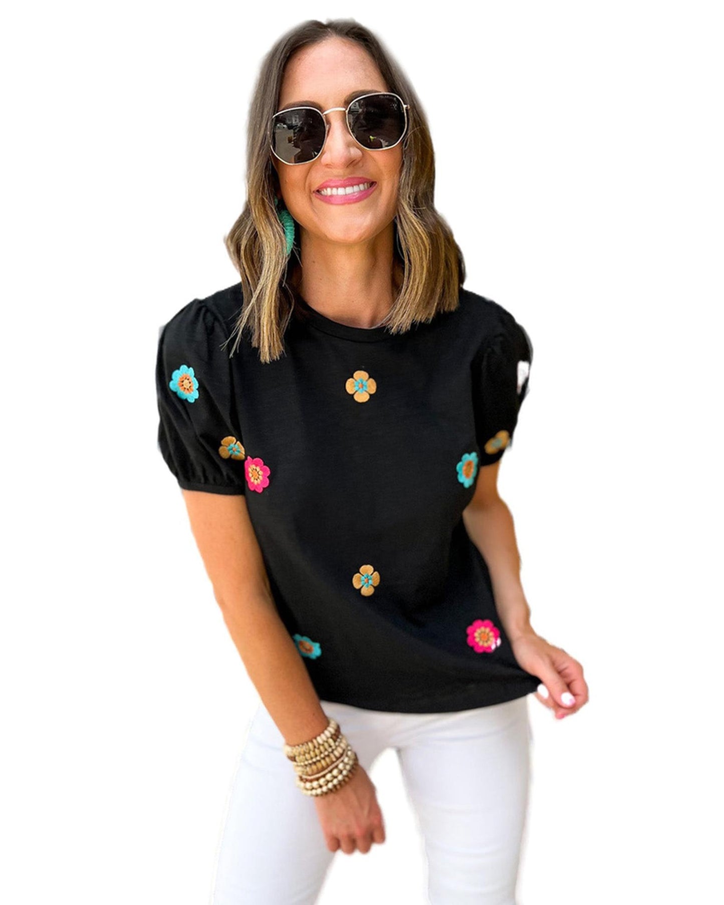 Azura Exchange Embroidered Flower Short Sleeve Tee - M