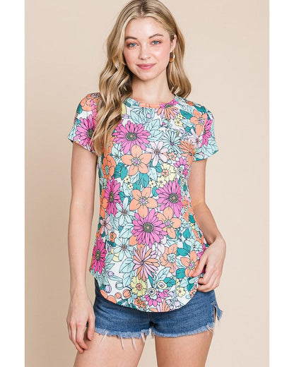 Azura Exchange Floral Print Asymmetric Hem Short Sleeve Top - M