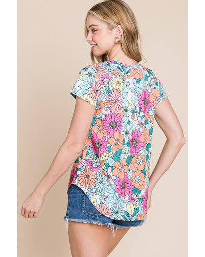 Azura Exchange Floral Print Asymmetric Hem Short Sleeve Top - M