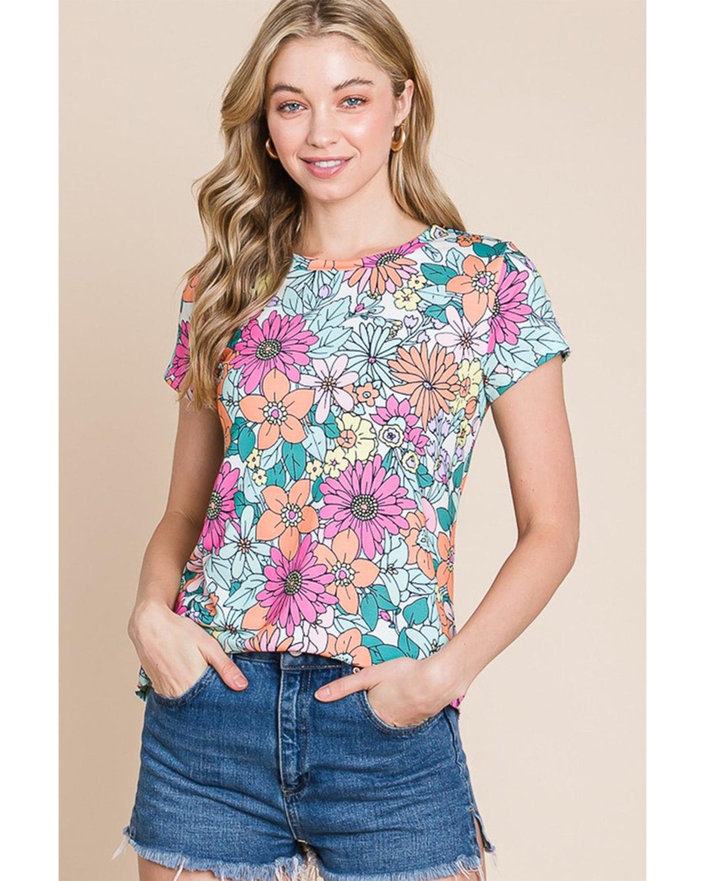 Azura Exchange Floral Print Asymmetric Hem Short Sleeve Top - M