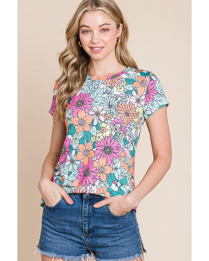 Azura Exchange Floral Print Asymmetric Hem Short Sleeve Top - M