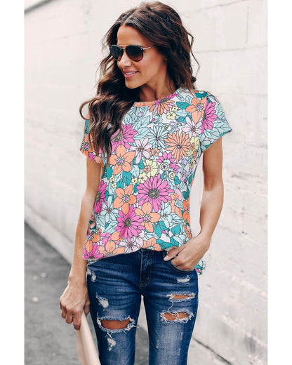 Azura Exchange Floral Print Asymmetric Hem Short Sleeve Top - M