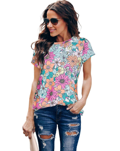 Azura Exchange Floral Print Asymmetric Hem Short Sleeve Top - M