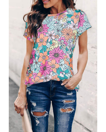 Azura Exchange Floral Print Asymmetric Hem Short Sleeve Top - M