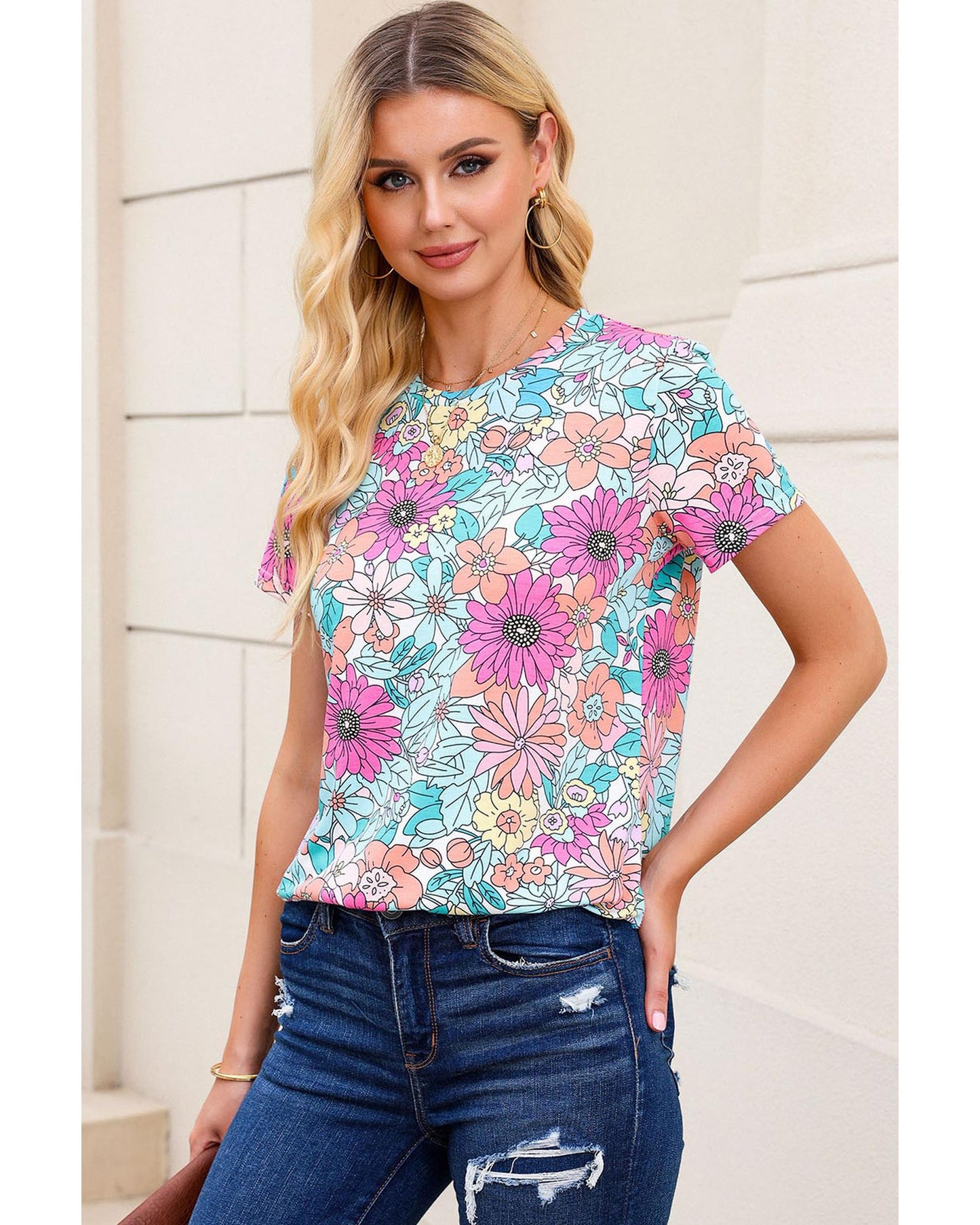 Azura Exchange Floral Print Asymmetric Hem Short Sleeve Top - M