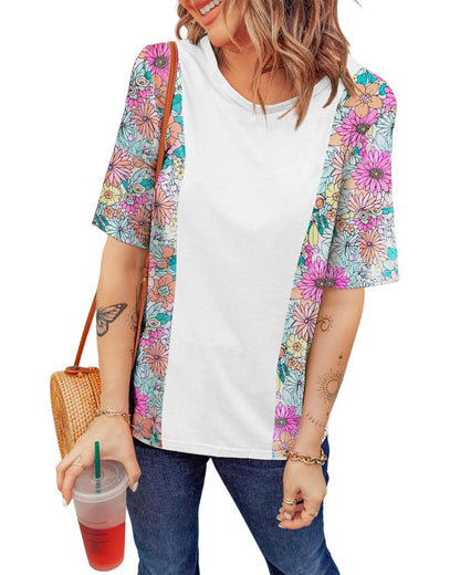 Azura Exchange Patchwork Floral Print Short Sleeve Top - L