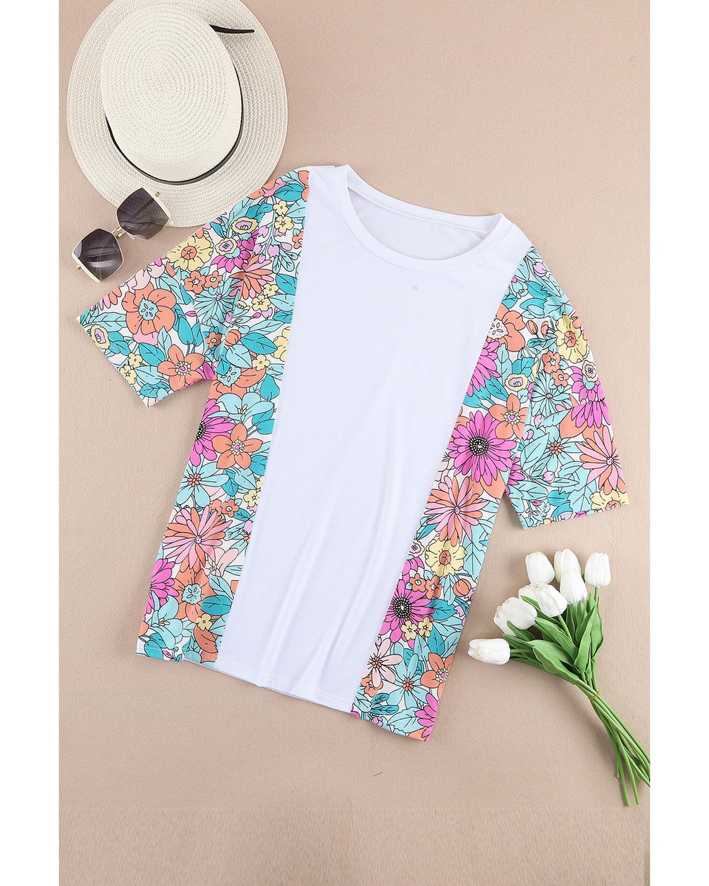 Azura Exchange Patchwork Floral Print Short Sleeve Top - M