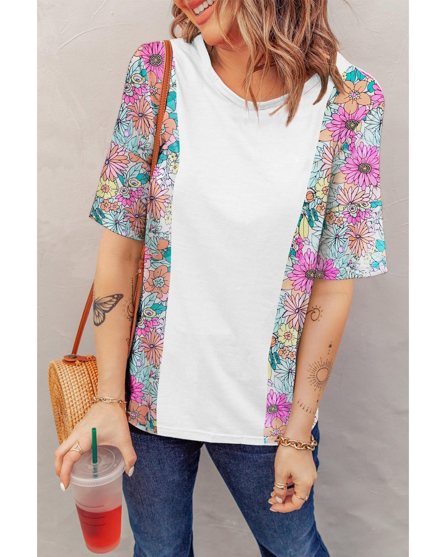 Azura Exchange Patchwork Floral Print Short Sleeve Top - XL