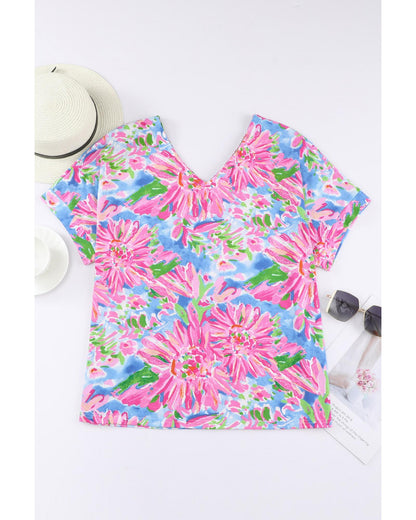 Azura Exchange Loose Fit Floral Print V Neck T Shirt - S