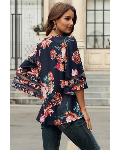 Azura Exchange Flared Sleeve Floral Blouse - L